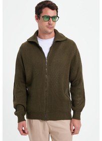 Resim Tudors Erkek Slim Fit Dik Yaka Fermuarlı Haki Düz Hırka-42317 Haki 