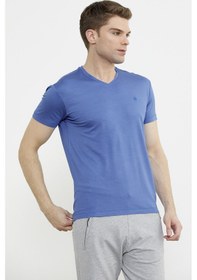 Resim V Yaka Basic Kısa Kol Tişört - Saks Saks 