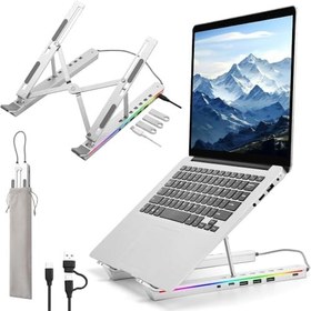 Resim PrimeX PX-AL20 Katlanabilir Dizüstü Standı, RGB USB çoklayıclı Notebook Standı, Type C + USB Hub Dizüstü Stant, Taşınabilir RGB Notebook/Tablet Standı 