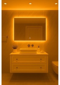 Resim Digital Hayat Dokunmatik Dimlenebilir Sarı Amber Led Işıklı Dikdörtgen Ayna Dekoratif Banyo Makyaj Aynası Yatay Ve Dikey Kullanım Koyu Sarı 