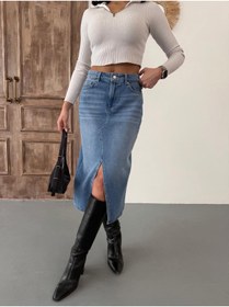 Resim XBELLA DENİM Kadın Midi Boy Kot Etek Ön Yırtmaç Detaylı 