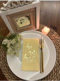 Resim Gold Yaldızlı Sarı Kelebek Yaprak Detaylı Peçete 16 Adet 