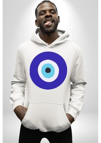 Resim Nazar Boncuğu Kadın Erkek Beyaz Kapüşonlu Sweatshirt Hoodie Beyaz 