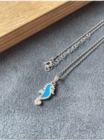Resim 925 Ayar Gümüş Sıkma Turkuaz Taşlı Tasarım Deniz Atı Gümüş Kolye 45cm Gold 