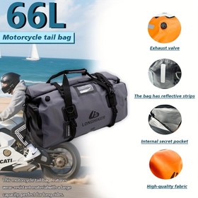 Resim 66L Motosiklet Kuyruk Çantası - Hava Valfi ve Hızlı Bağlama Kayışları ile Su Geçirmez Kuru Duffel, Yansıtıcı Güvenlik Şeritleri, İç Gizli Cep, Uzun Sürüşler, Seyahat ve Macera için Yüksek Kaliteli Kumaş, Motosiklet Bagajı, Güvenli Depolama, Şık Tasarım, Dayanıklı Yapı 