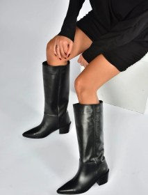 Resim V654082103 Siyah Hakiki Deri Kalın Topuklu Kadın Çizme Siyah-hakiki Deri 