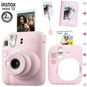 Resim Fujifilm Instax Mini 12 Fotoğraf Makinesi + 20'li Film + Kıskaçlı Stand + Mini Albüm + Silikon Kılıf Seti Pembe 