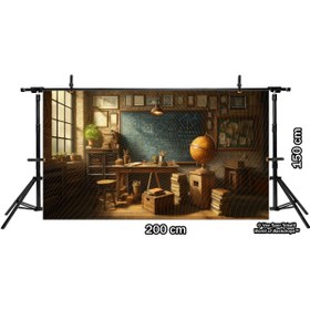 Resim Venspor Tarih ve Bilim: Retro Çalışma Odası, Küre ve Kara Tahta Temalı Arkaplan - 200x150cm Fon Duvar Örtüsü 