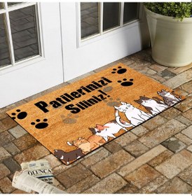 Resim Esnature Kedi Desenli Patilerinizi Silin Yazılı Kapı Önü Paspası 