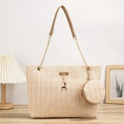 Resim Moda Mini Hasır Tote Çantası Plaj İçin, Zincir Omuz Çantası, Küçük El Çantası, Bir Madeni Para Cüzdanı ile Birlikte. Kızlar, Kadınlar, Öğrenciler, Alışveriş, Seyahat, Tatiller, Plajlar ve Tatiller için Uygun. 