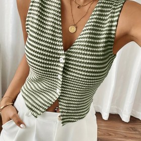 Resim Kadınların şık kolsuz, beyaz ve kahverengi desenli V-Neck yelekli yelek - Bahar/Yaz/Sonbahar için mükemmel, rahat veya ofis giyim için şık katmanlı parça 