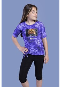 Resim Toontoy Kids Toontoy Kız Çocuk 2'li Takım Baskılı Bisiklet Yaka T-shirt & Basic Düz Tayt - Yırtmaç Detaylı - Bağcıklı Mor 