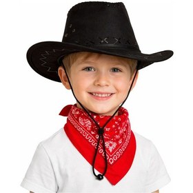 Resim Çocuk Kovboy Şapka Siyah &amp Kırmızı Bandana Seti N712 