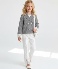 Resim Zekids Kız Çocuk Lacivert Çizgili Kruvaze Dantel Detaylı Ceket-17155 Çok Renkli 