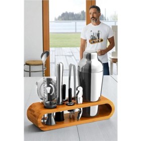 Resim Özbience 10 Parçalı Bambu Standlı Kokteyl Shaker Seti, 750 Ml, Şık Tasarım 