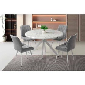 Resim Ahşap Yuvarlak Açılır Büyüyen Yemek Masa Sandalye Takımı 4 Sandalyeli Beyaz Mermer Desen 