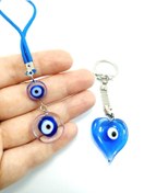 Resim Ennea Art Kalp Cam Nazar Boncuğu Anahtarlık + Iki Boncuklu Araba Dikiz Ayna Süsü El Yapımı Hediyelik Ikili Set 