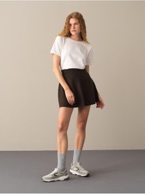 Resim XINT Kadın Beli Lastikli Regular Fit Triko Mini Etek Kahverengi 