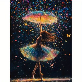 Resim 1 adet 5D Elmas Boyama Kiti - Şirin Dans Eden Kız Şemsiyesi ile, Tam Yuvarlak Taşlı Mozaik Sanat, Canlı Kelebek ve Yıldızlı Gece Tasarımı, Çerçevesiz Tuval 29.97x39.88cm - Büyüleyici Ev Duvar Dekoru Hediyesi, Yeni Elmas Boyama 