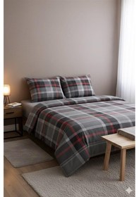 Resim More Home Tek Kişilik Yorgan Kılıfı + Yastık Kılıfı Ekose Desen Gri Kırmızı Çizgili Çok Renkli 