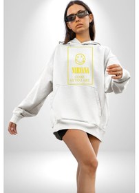 Resim Nirvana Müzik Grubu Kadın Erkek Beyaz Kapüşonlu Sweatshirt Hoodie Beyaz 