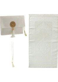 Resim Şantuk Keseli Tafta Seccade Ve İnci Vavlı Tesbih Set , Taşınabilir Namaz Seti Krem 