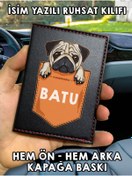Resim senada Pug Dostum Ön Arka Baskılı Oto Araç Ruhsat Kabı Kartlık Deri İsim Yazılı Kişiye Özel Cüzdan 