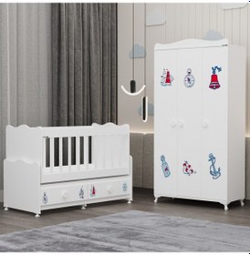 Resim Elegant Beşik Ve Yıldız 3 Kapaklı Dolap - Denizci Beyaz 