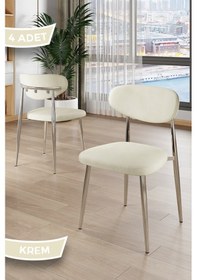 Resim Canisa Laos Serisi 4 Adet Krem Mutfak Sandalyesi Krom Kaplama Metal Ayak 1.sınıf Babyface Kumaş Krem Sandalye Krom Ayak 