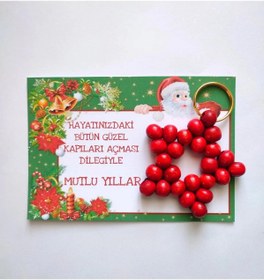 Resim 100 Adet Mutlu Yıllar Kartlı Nar Kırmızı Anahtarlık - Yılbaşı Hediyesi - Noel Baba Kartlı 