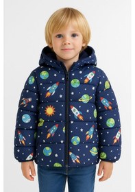 Resim Freemen Erkek Çocuk Polarlı Kapüşonlu Ufo Desenli Kışlık Şişme Mont & Kaban & Parka Siyah 