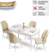 Resim Canisa Mun Serisi, 80x132 Açılabilir Mdf Mutfak Masa Takımı, Beyaz Masa , 4 Krem Sandalye 