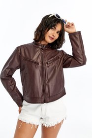 Resim CHOS7N Kadın Deri Ceket Niş Kompakt Tasarım Mont Günlük Kullanım Fermuar Hakim Yaka Şık Ceket 