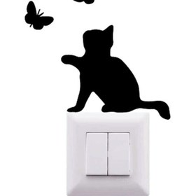 Resim Kedi Kelebek Priz Üstü Duvar Süsü Siyah 