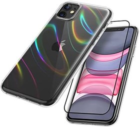 Resim XIZYO iPhone 11 ile Uyumlu Şeffaf Kılıf, [Temperli Cam Ekran Koruyucu] Renkli Lazer Gökkuşağı Renkli Darbeye Dayanıklı Koruyucu Kılıf, 6,1 inç için, Beyaz 