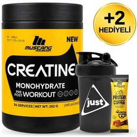 Resim Mustang Nutrition Creatine Monohydrate Kreatin 252 Gr 84 Servis + Shaker + Protein Kahve Hediyeli Aromasız 
