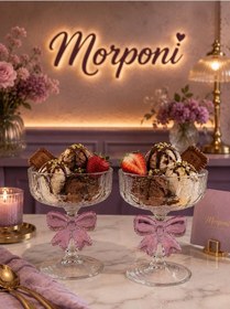 Resim Morponi 2 Adet Pembe Fiyonklu Cam Ayaklı Tatlı Kasesi Seti, Dondurmalık Ve Sunumluk 