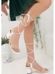 Resim Bilek Sargılı Mat Şeffaf Beyaz Kadın Topuklu Sandalet-1803-Beyaz 