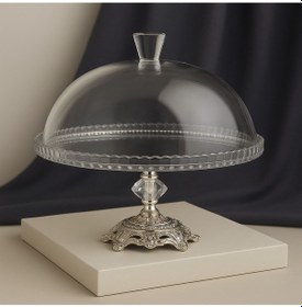 Resim Elta Collection Gümüş Metal Ayaklı Cam Kapaklı Kek - Pasta Stantı Fanus 95198 Gümüş 