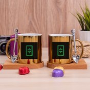 Resim Procity Theta Coin Logolu Ikili Ahşap Altlıklı Kaşıklı Gold Kupa Bardak 