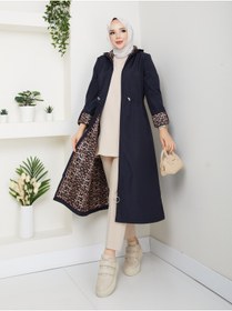 Resim RACE FASHİON Leopar Desenli Bondit Kumaş Beli Lastikli Kapüşonlu Tesettür Trençkot RC1205010 