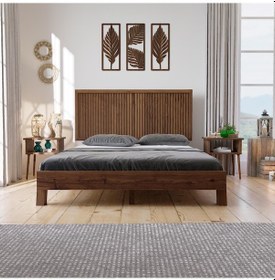 Resim Ebruli Model Ceviz Renk Çam Ahşap Karyola Ve İki Komodin Set Dikey -289 90 x 200 