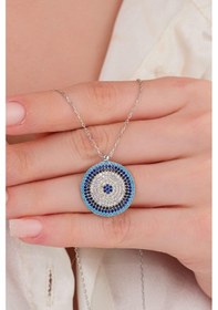 Resim Tmt Silver 20 Mm Gümüş Turkuaz ve Zirkon Taşlı Nazar Boncuğu Boncuklu Kolye 