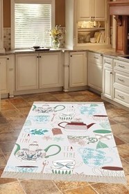 Resim Pelangi Çaydanlık Fincan Desenli Dijital Baskılı Kaymaz Taban Yıkanabilir Leke Tutmaz Mutfak Halısı, Krem 60 x 200 