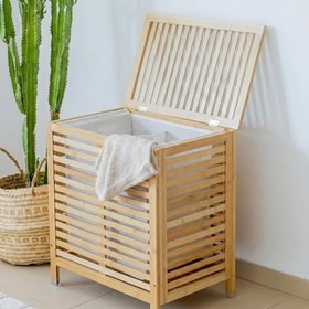 Resim 105 Litre Çift Bölmeli Bambu Çamaşır Sepeti - Renkli ve Beyaz Çamaşır Ayrıştırıcı - Çıkarılabilir Torbalı Kapaklı Kirli Sepeti (59x53x35 cm) 