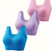 Resim 3 Adet Kadın Büyük Beden Telsiz ve Dolgusuz Sütyenler - Tek Katmanlı Sırtı Açık Tasarım, Koşu Egzersizleri için Orta Destek Dikişsiz Sütyenler, Pastel Pembe Lavanta Mavisi, Temel, Yelek Stili, Orta Esneklik 