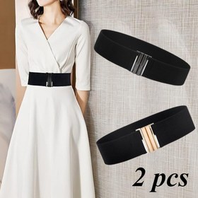 Resim Kadınlar için 2'li Şık Elastik Bel Kemeri Seti - Metal Tokalı Çok Yönlü Siyah Zayıflama Kemerleri, Günlük Kullanım & Akşam Gezileri için Mükemmel 