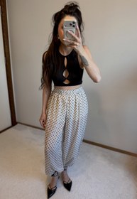 Resim MoyStore Krem Siyah Puantiyeli Beli Lastikli Şalvar Şık Pantolon 
