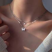 Resim Çift Katmanlı 316L Paslanmaz Çelik Kelebek Kolye Taşlı - Kadınlar için Minimalist Şık Takı, Günlük Giyim, Düğünler, Sevgililer Günü & Özel Günler İçin Çok Yönlü, Kelebek Takısı, Düğün Aksesuarı, Zarif Zincir Tasarımı 