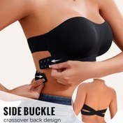Resim Kadınların Yan Tokalı ve Çapraz Arka Tasarımı ile Dikişsiz Straplez Bandeau Sütyeni, Örgü Kumaş, Poliamid %75, Elastan %25, Çıkarılabilir Pedler, Düz Renk, Kablosuz, Elbise ve Tüm Mevsimler İçin Uygun 